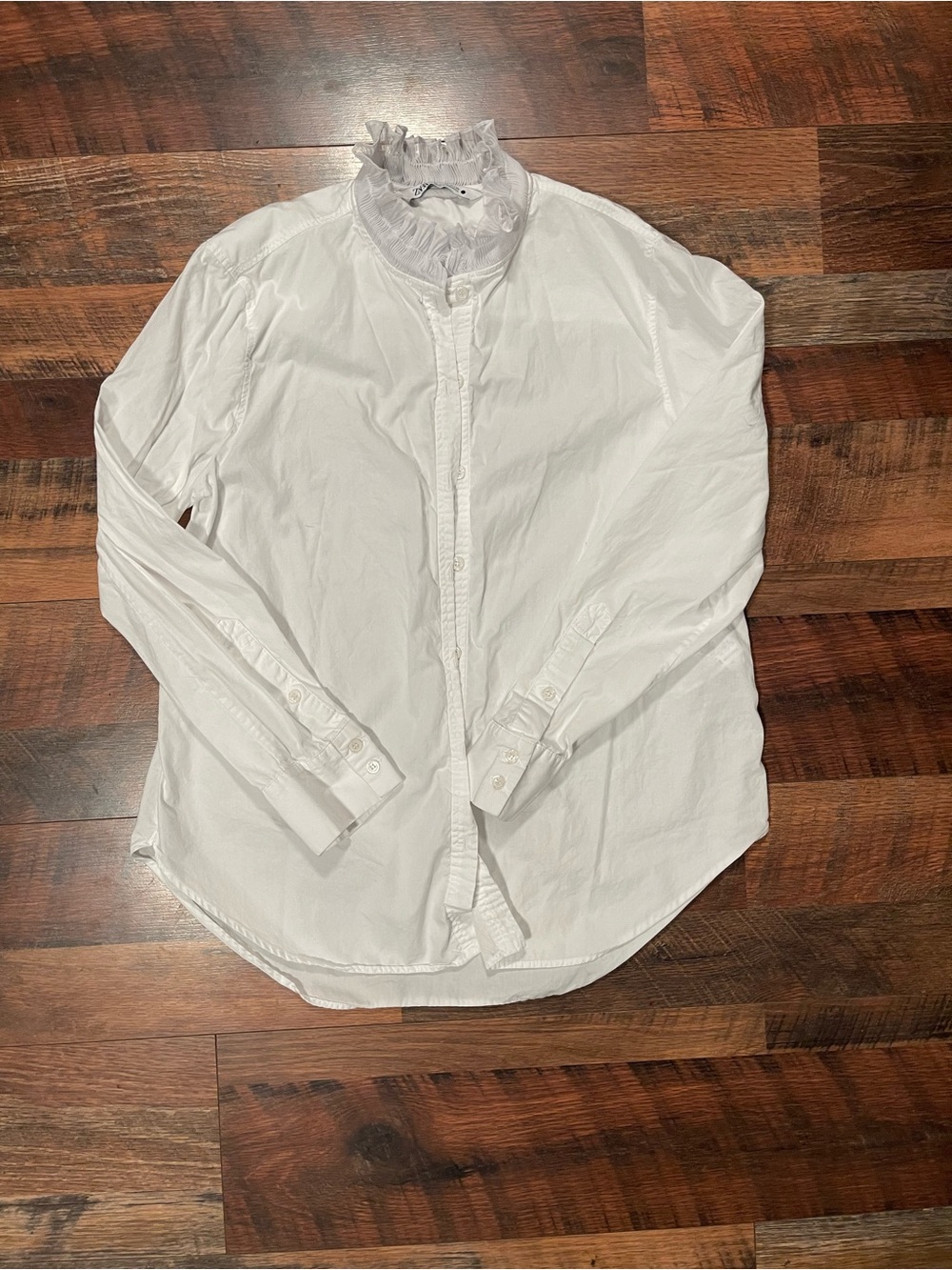 Zara White Ruffle-Trim Long Sleeve Dress Shirt